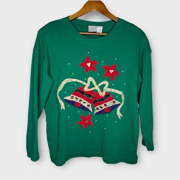 Vintage Christmas Bells Shirt Poinsettias Pearls Gems Metallic Gold Bow‎ Medium - Picture 1 of 6